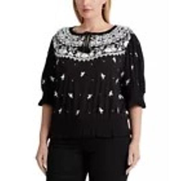 Lauren Ralph Lauren Black White Floral Embroidered Smocked Peasant Top Size 2X - Picture 1 of 11